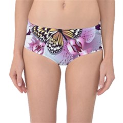 Butterflies With White And Purple Flowers  Mid-waist Bikini Bottoms by Bigfootshirtshop