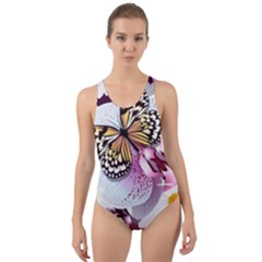 Butterflies With White And Purple Flowers  Cut-out Back One Piece Swimsuit by Bigfootshirtshop