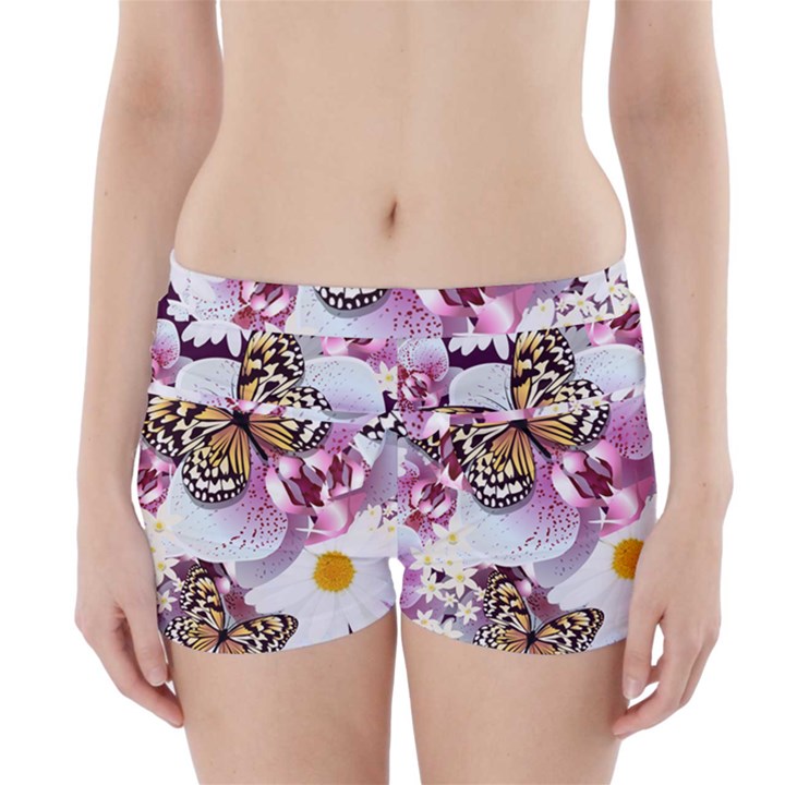 Butterflies With White And Purple Flowers  Boyleg Bikini Wrap Bottoms