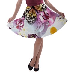 Butterflies With White And Purple Flowers  A-line Skater Skirt by Bigfootshirtshop