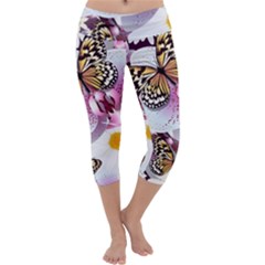 Butterflies With White And Purple Flowers  Capri Yoga Leggings by Bigfootshirtshop