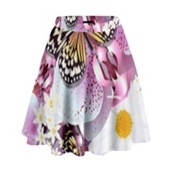 Butterflies With White And Purple Flowers  High Waist Skirt by Bigfootshirtshop