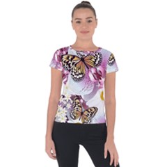 Butterflies With White And Purple Flowers  Short Sleeve Sports Top  by Bigfootshirtshop