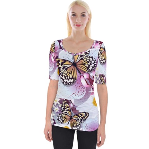 Butterflies With White And Purple Flowers  Wide Neckline Tee by Bigfootshirtshop