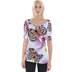 Butterflies With White And Purple Flowers  Wide Neckline Tee