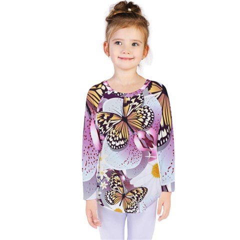 Butterflies With White And Purple Flowers  Kids  Long Sleeve Tee by Bigfootshirtshop