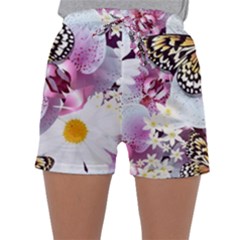 Butterflies With White And Purple Flowers  Sleepwear Shorts by Bigfootshirtshop