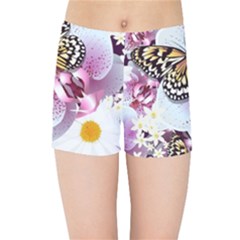 Butterflies With White And Purple Flowers  Kids Sports Shorts by Bigfootshirtshop