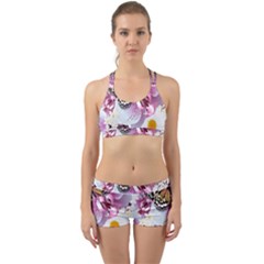 Butterflies With White And Purple Flowers  Back Web Sports Bra Set