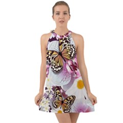 Butterflies With White And Purple Flowers  Halter Tie Back Chiffon Dress by Bigfootshirtshop