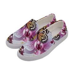 Butterflies With White And Purple Flowers  Women s Canvas Slip Ons