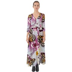 Butterflies With White And Purple Flowers  Button Up Boho Maxi Dress