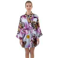 Butterflies With White And Purple Flowers  Long Sleeve Kimono Robe by Bigfootshirtshop