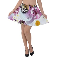 Butterflies With White And Purple Flowers  Velvet Skater Skirt