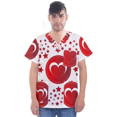 Monogram Heart Pattern Love Red Men s V-neck Scrub Top by Celenk