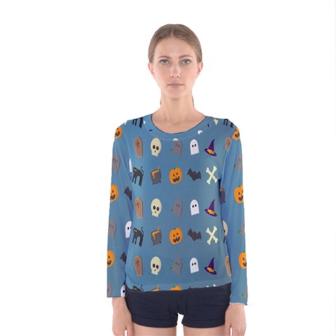 Halloween Cats Pumpkin Pattern Bat Women s Long Sleeve Tee by Celenk