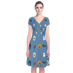 Halloween Cats Pumpkin Pattern Bat Short Sleeve Front Wrap Dress