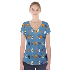 Halloween Cats Pumpkin Pattern Bat Short Sleeve Front Detail Top by Celenk