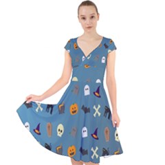 Halloween Cats Pumpkin Pattern Bat Cap Sleeve Front Wrap Midi Dress