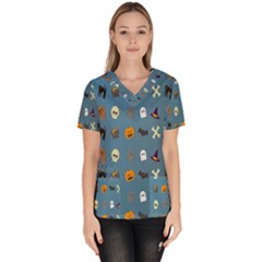 Halloween Cats Pumpkin Pattern Bat Scrub Top by Celenk