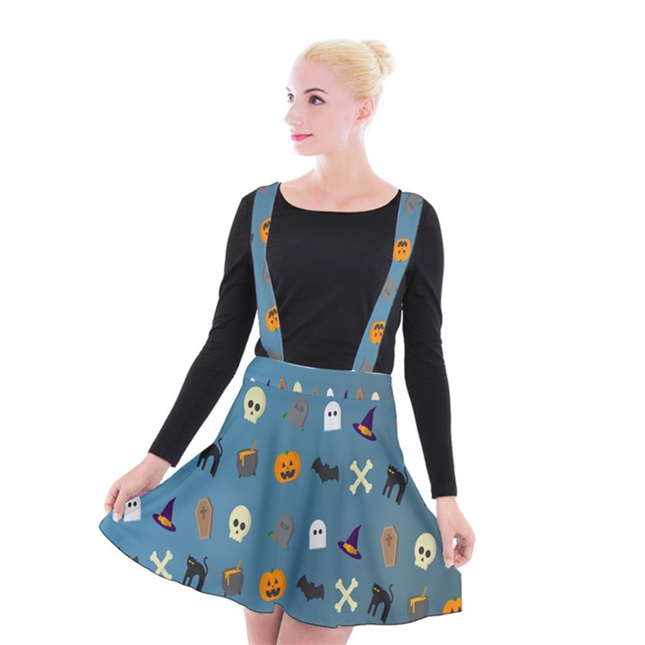 Halloween Cats Pumpkin Pattern Bat Suspender Skater Skirt