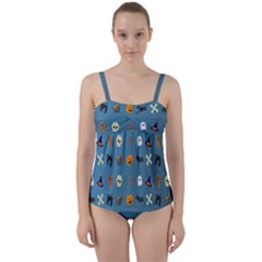 Halloween Cats Pumpkin Pattern Bat Twist Front Tankini Set by Celenk