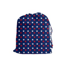 Patriotic Red White Blue Stars Blue Background Drawstring Pouches (large)  by Celenk