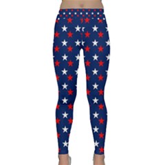 Patriotic Red White Blue Stars Blue Background Classic Yoga Leggings by Celenk