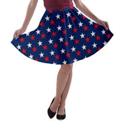 Patriotic Red White Blue Stars Blue Background A-line Skater Skirt by Celenk