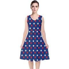 Patriotic Red White Blue Stars Blue Background V-neck Midi Sleeveless Dress 