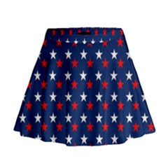 Patriotic Red White Blue Stars Blue Background Mini Flare Skirt by Celenk