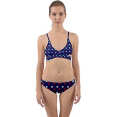 Patriotic Red White Blue Stars Blue Background Wrap Around Bikini Set