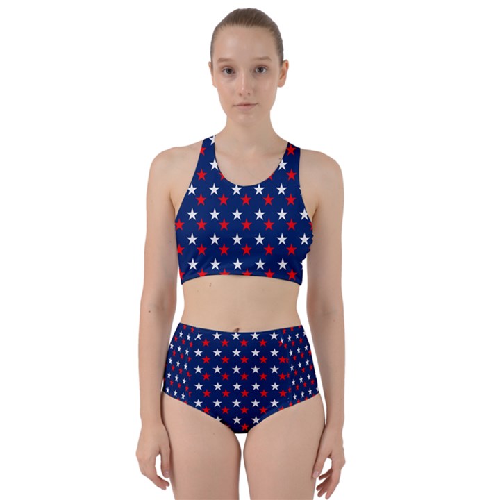 Patriotic Red White Blue Stars Blue Background Racer Back Bikini Set