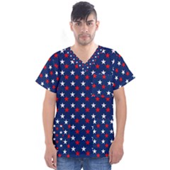 Patriotic Red White Blue Stars Blue Background Men s V-neck Scrub Top