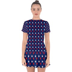 Patriotic Red White Blue Stars Blue Background Drop Hem Mini Chiffon Dress by Celenk