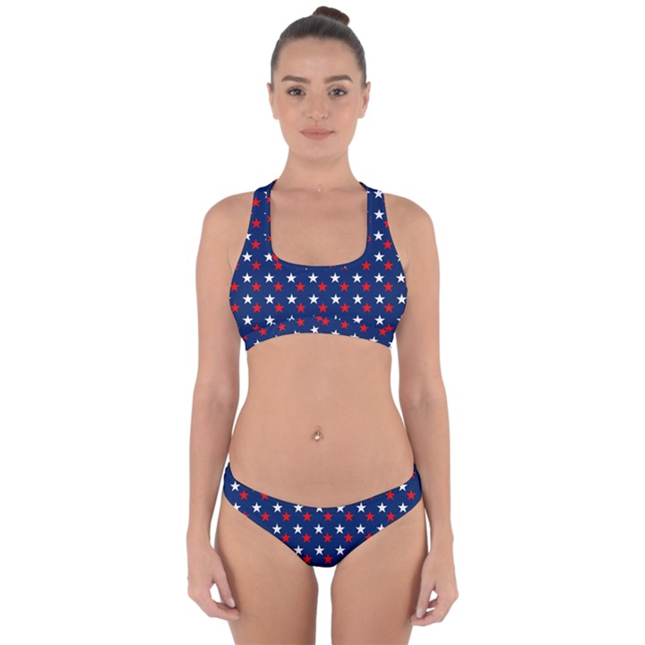 Patriotic Red White Blue Stars Blue Background Cross Back Hipster Bikini Set