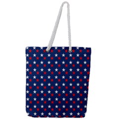 Patriotic Red White Blue Stars Blue Background Full Print Rope Handle Tote (large) by Celenk