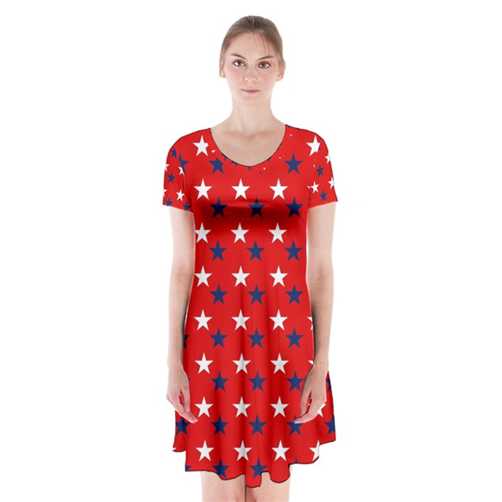 Patriotic Red White Blue Usa Short Sleeve V-neck Flare Dress