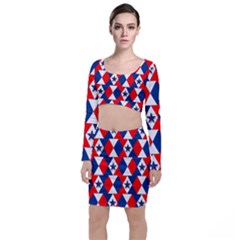 Patriotic Red White Blue 3d Stars Long Sleeve Crop Top & Bodycon Skirt Set