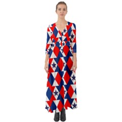 Patriotic Red White Blue 3d Stars Button Up Boho Maxi Dress