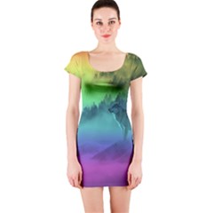 Yellowstone Wolfs Sunset Short Sleeve Bodycon Dress by PodArtist