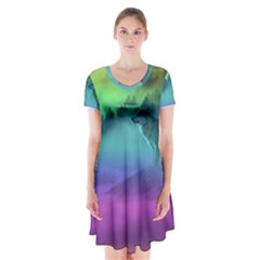 Yellowstone Wolfs Sunset Short Sleeve V-neck Flare Dress by PodArtist