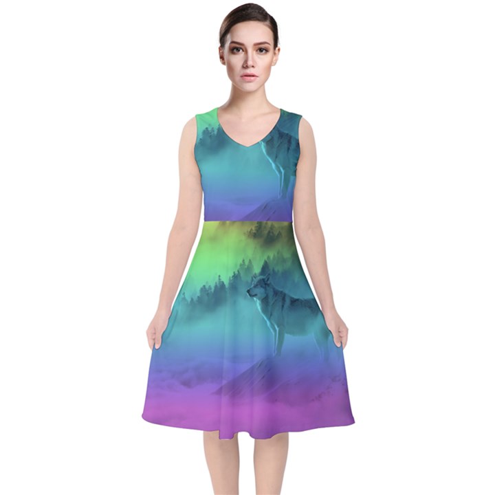 Yellowstone Wolfs Sunset V-Neck Midi Sleeveless Dress 