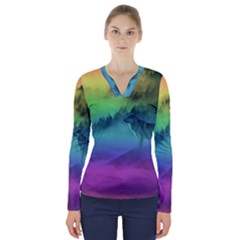 Yellowstone Wolfs Sunset V-neck Long Sleeve Top