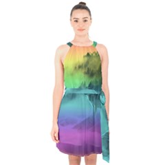 Yellowstone Wolfs Sunset Halter Collar Waist Tie Chiffon Dress by PodArtist