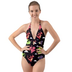 Cute Flying Dragons Halter Cut-out One Piece Swimsuit