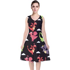 Cute Flying Dragons V-neck Midi Sleeveless Dress 