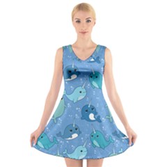 Cute Narwhal Pattern V-neck Sleeveless Skater Dress by Bigfootshirtshop