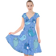 Cute Narwhal Pattern Cap Sleeve Front Wrap Midi Dress