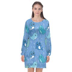 Cute Narwhal Pattern Long Sleeve Chiffon Shift Dress 